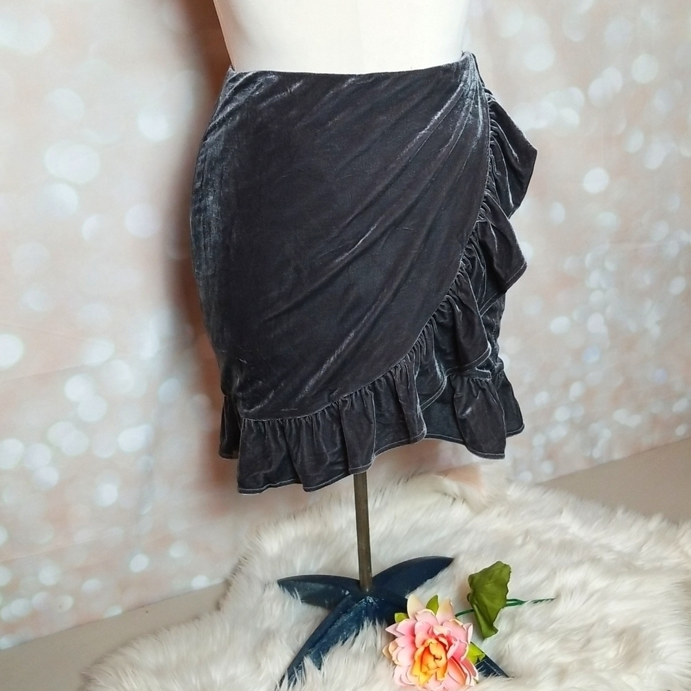 Lovers & Friends | Gray Velvet Faux Wrap Ruffled Mini Skirt